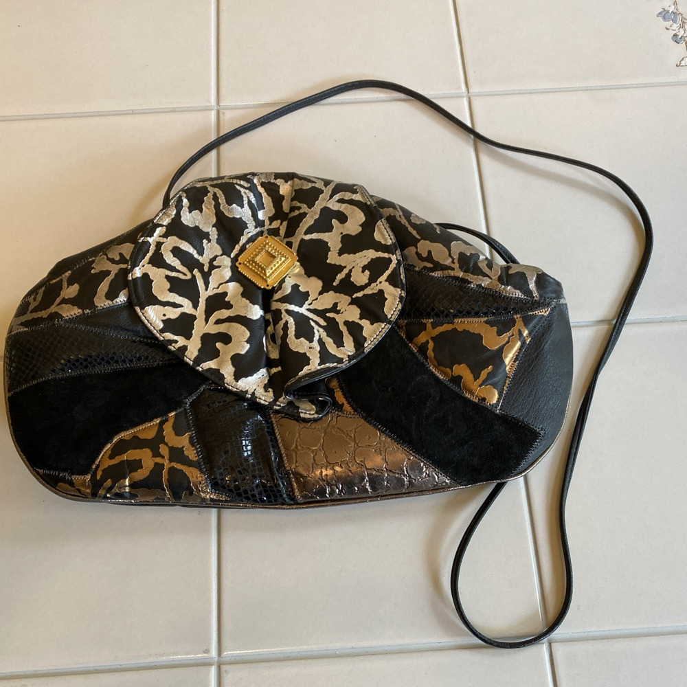 Noble Handbags Inc Leather Shoulder Bag Purse Black Silver Gold Metallic Vtg 80s